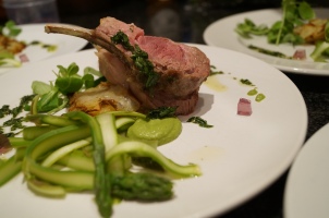 Rack of Lamb with Potato Gallette, Herb Honey, Asparagus Ribbons, Pea Shoots & Lavender Jelly